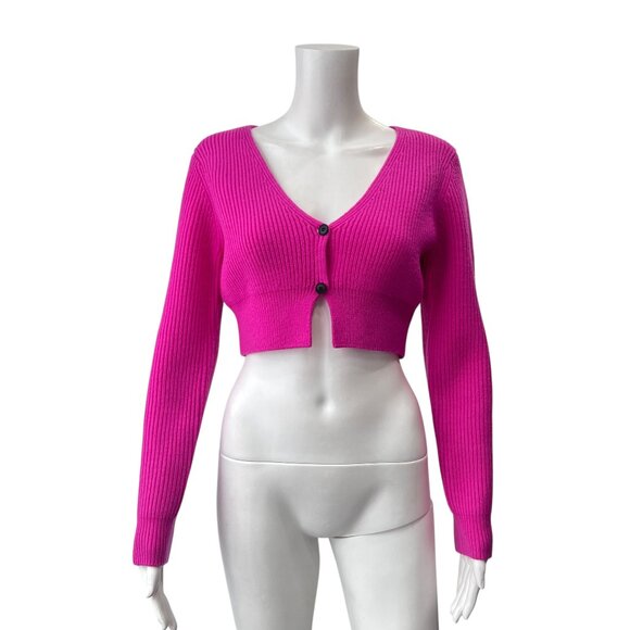 Alexander Wang Neon Pink Knit Ribbed Cropped Wool Cardigan Sweater Small - Picture 2 of 8